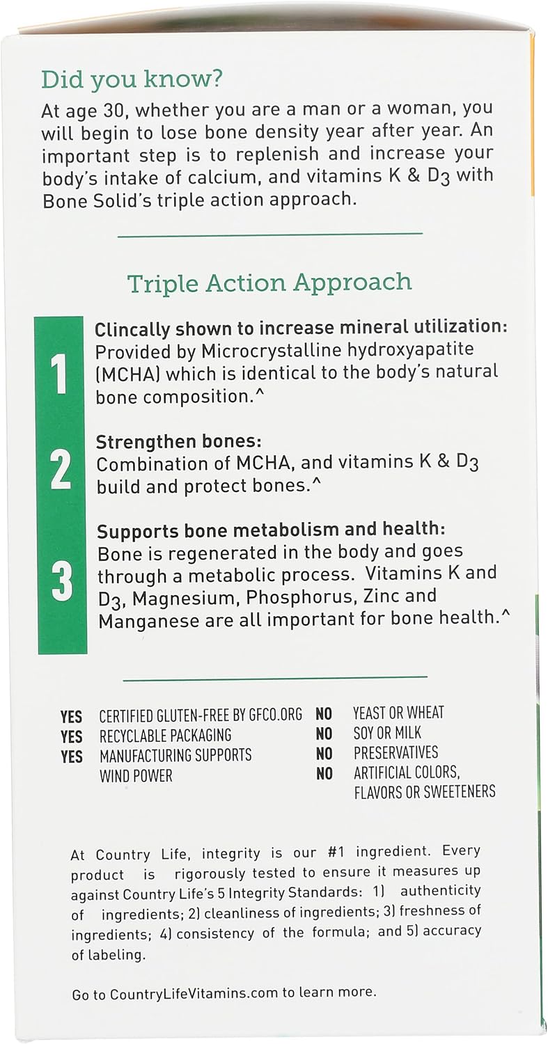 Country Life Bone Solid - Suplemento para la salud ósea con MCHA, calcio, magnesio, zinc, vitaminas K2 y D3 - 180 cápsulas