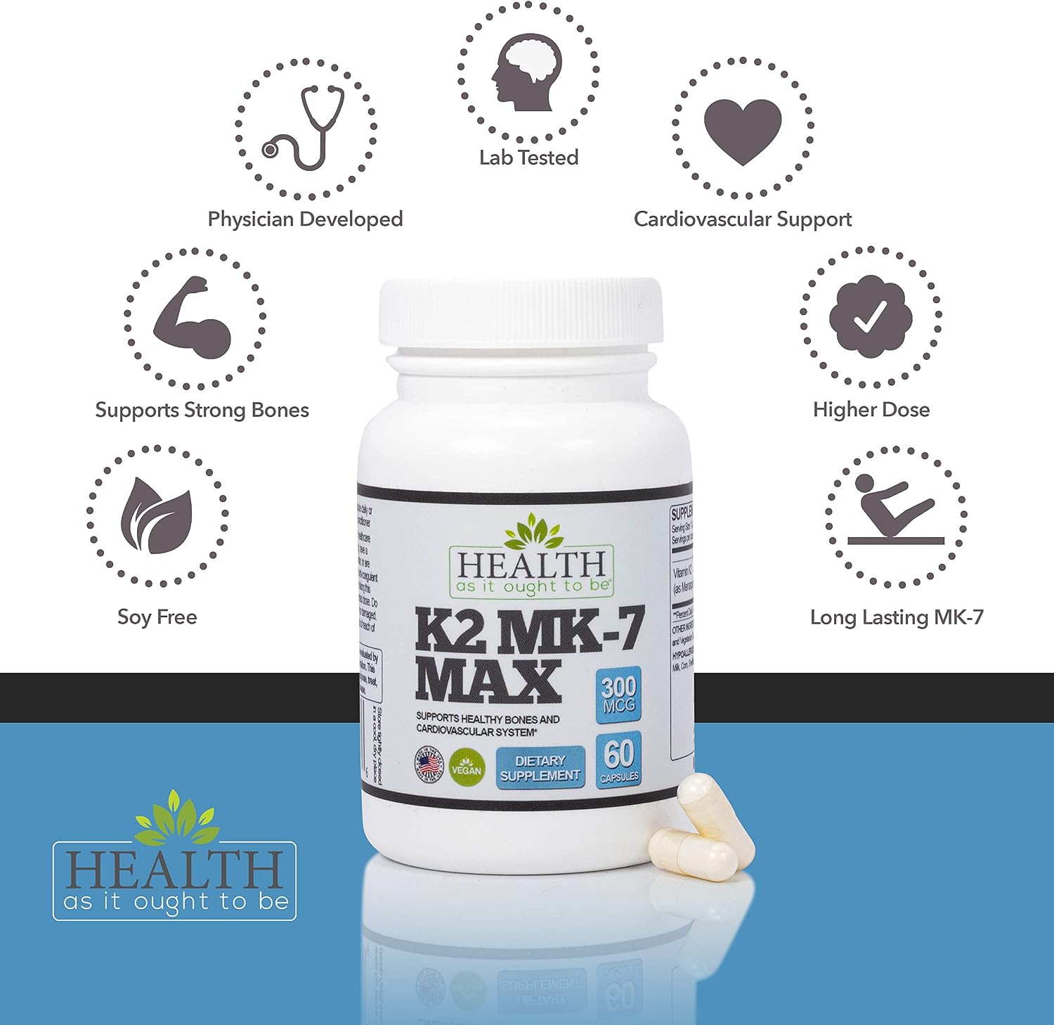 Health As It Ought To Be Vitamina K2 MK-7 300 mcg – Suplemento extra fuerte, sin soja – 60 cápsulas