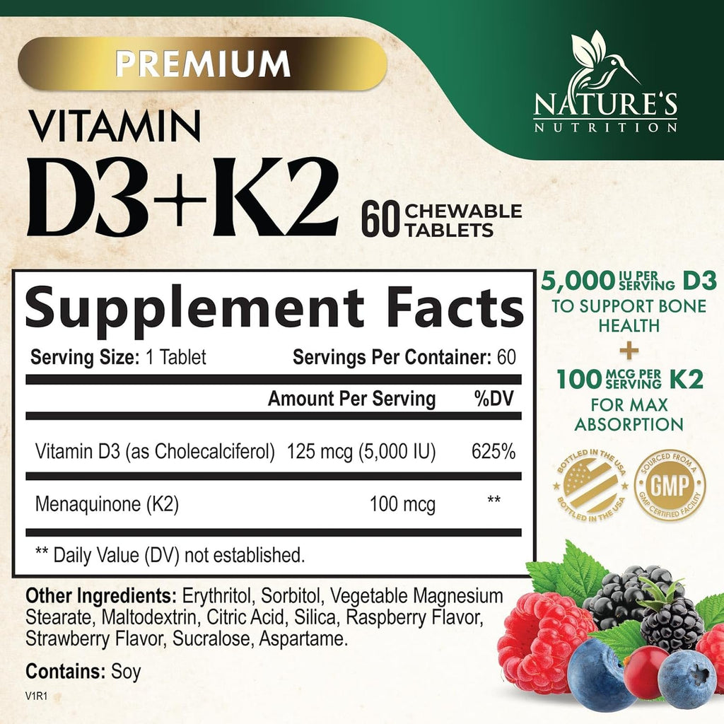 Nature's Nutrition Vitamina D3 K2 5000 UI + 100 mcg MK-7 - 60 Comprimidos Masticables