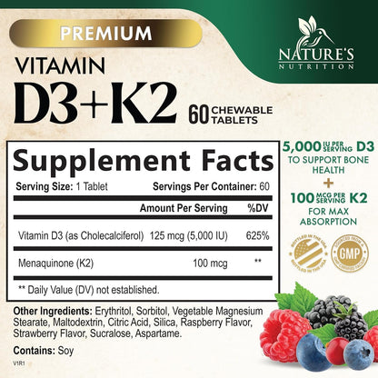 Nature's Nutrition Vitamina D3 K2 5000 UI + – Contribuye al mantenimiento de los niveles normales de calcio en – Image 2