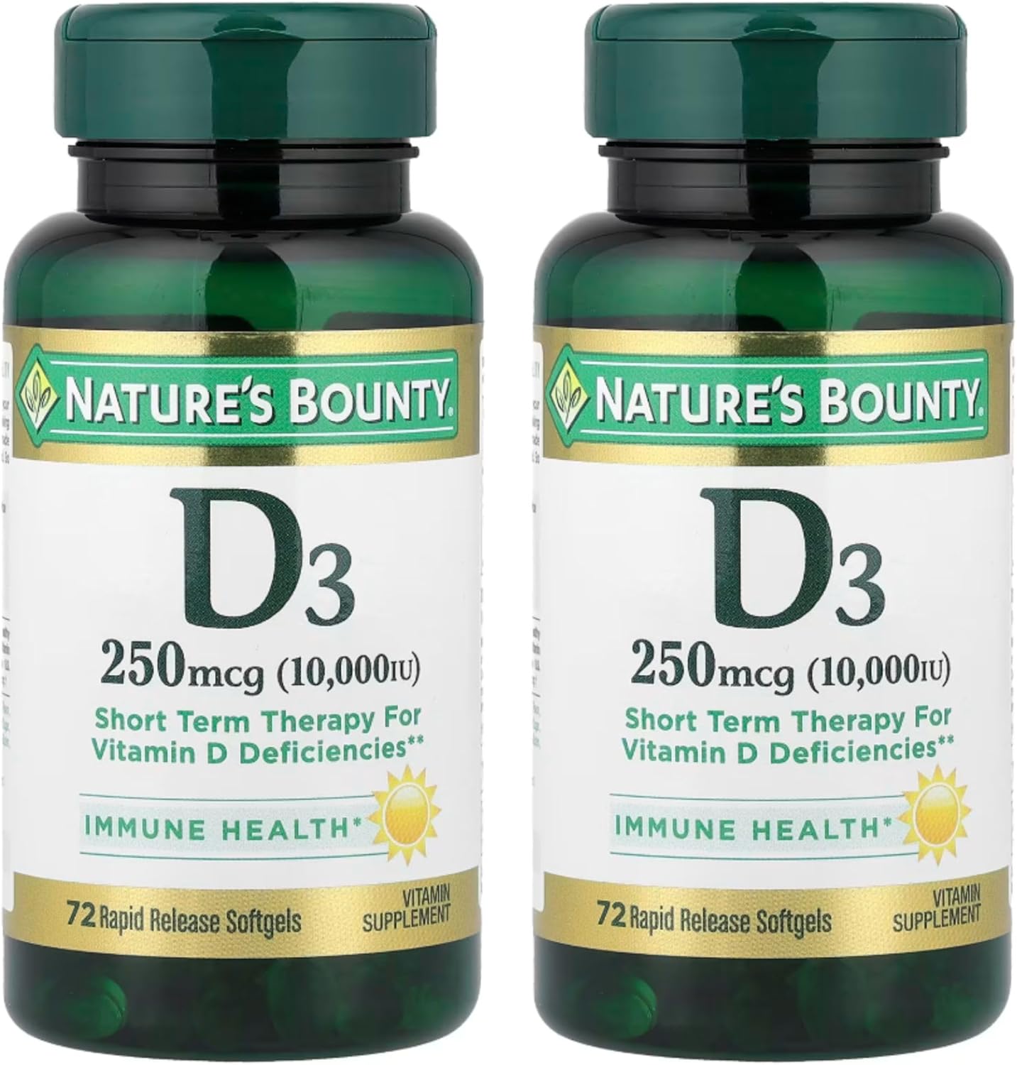 Nature's Bounty, Vitamina D3 Ultra Resistente, 10,000 UI, 72 Cápsulas Blandas (Paquete de 2)