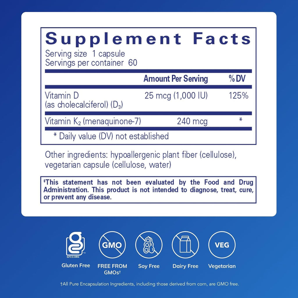 Pure Encapsulations PureHeart K2D - Vitamina D3 y K2 con MK-7 - 60 Cápsulas