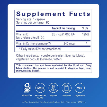 Pure Encapsulations PureHeart K2D - Vitamina D3 y K2 MK-7 - 60 Cápsulas – Image 2