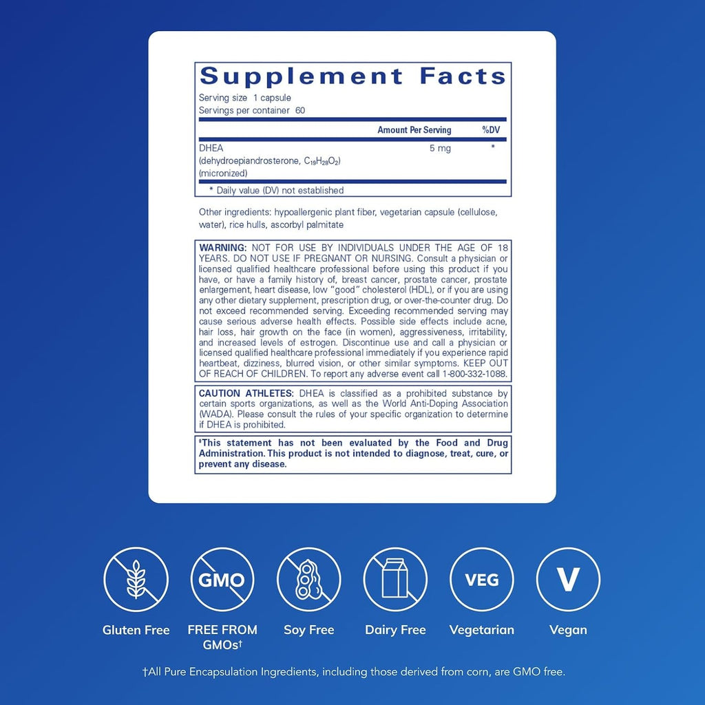 Pure Encapsulations DHEA 5 mg - Apoyo Inmunológico y Equilibrio Hormonal - Micronizado - Vegano - 60 Cápsulas