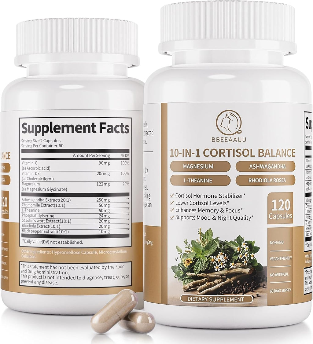 BBEEAAUU Suplemento de Cortisol 10-en-1 con Ashwagandha, Magnesio y L-Teanina - 120 Cápsulas