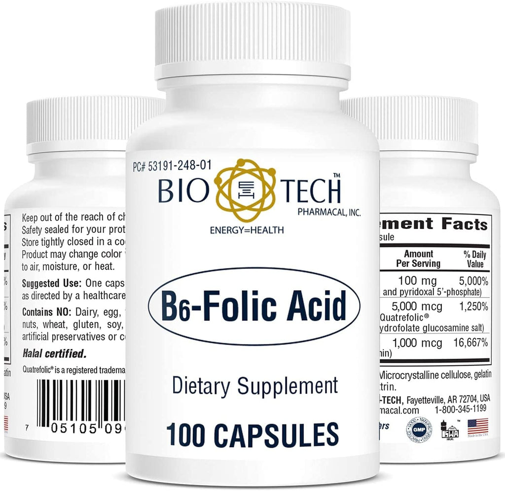 Bio-Tech Pharmacal B6-Ácido Fólico, 100 Cápsulas – Suplemento Alimenticio Natural