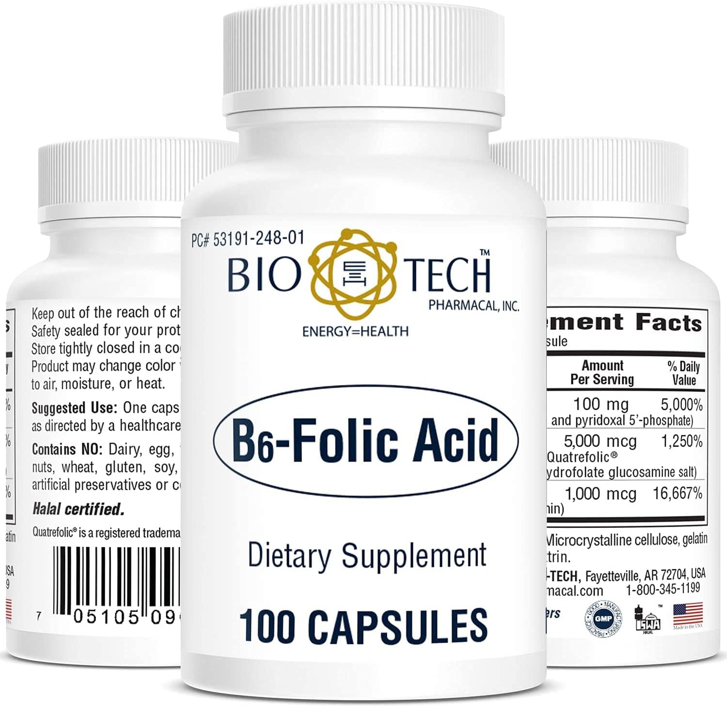 Bio-Tech Pharmacal B6-Ácido Fólico, 100 Cápsulas – Suplemento Alimenticio Natural