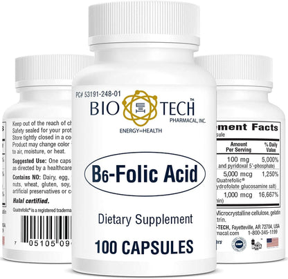Bio-Tech Pharmacal B6-Folic Acid, 100 Cápsulas – Complemento Alimenticio Natural – Image 1