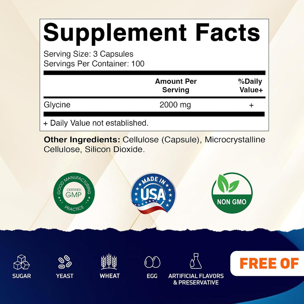 Vitamatic Glicina Suplemento, 2000mg por Dosis, 300 Cápsulas, No-GMO, Sin Gluten