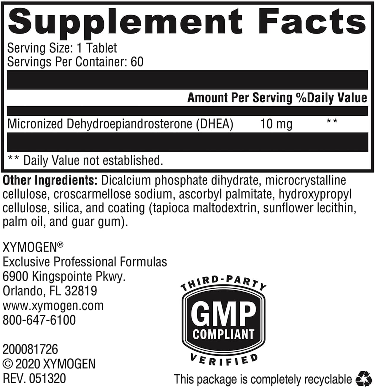 XYMOGEN DHEA Micronizado - 10 mg de dehidroepiandrosterona - Apoyo a andrógenos y estrógenos - Sin gluten, sin soja y sin lácteos - 60 comprimidos