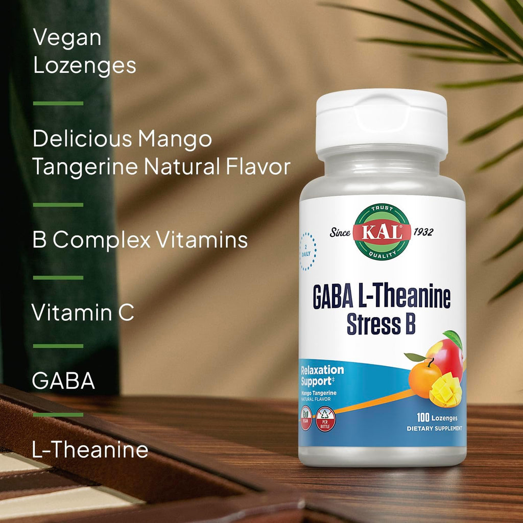 Pastillas KAL GABA L-Teanina Estrés B - Suplemento de Vitaminas B con GABA y L-Teanina - Sabor Natural a Mango y Mandarina - Vegano - 100 Pastillas