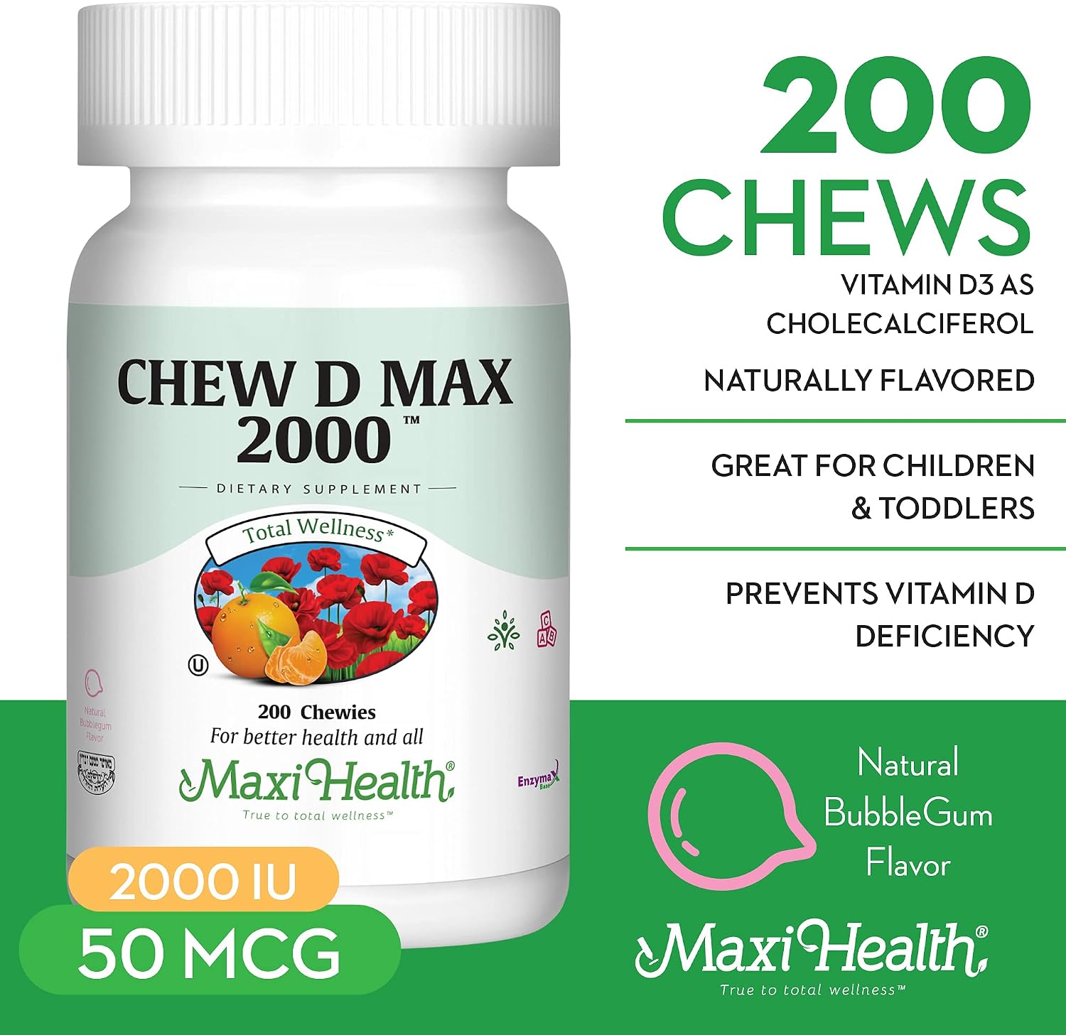 Maxi Health Vitamina D3 2000 IU Masticable - Sabor a Chicle Natural - 200 Comprimidos
