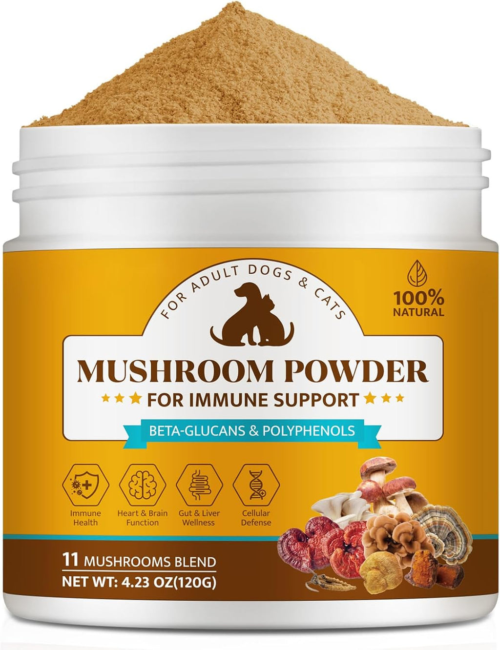 Organic Mushroom Supplement Powder for Dogs & Cats – 11 Mushroom Complex with Turkey Tail, Reishi & Cordyceps, Supports Lipoma, Lumps & Bumps Relief, Immune & Skin Health, 120g