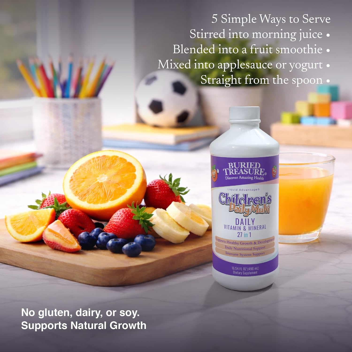 Buried Treasure Multivitamínico Líquido Infantil – 27 Vitaminas y Minerales con Superalimentos – Sin Azúcar, Vegano, Sabor Naranja Mango