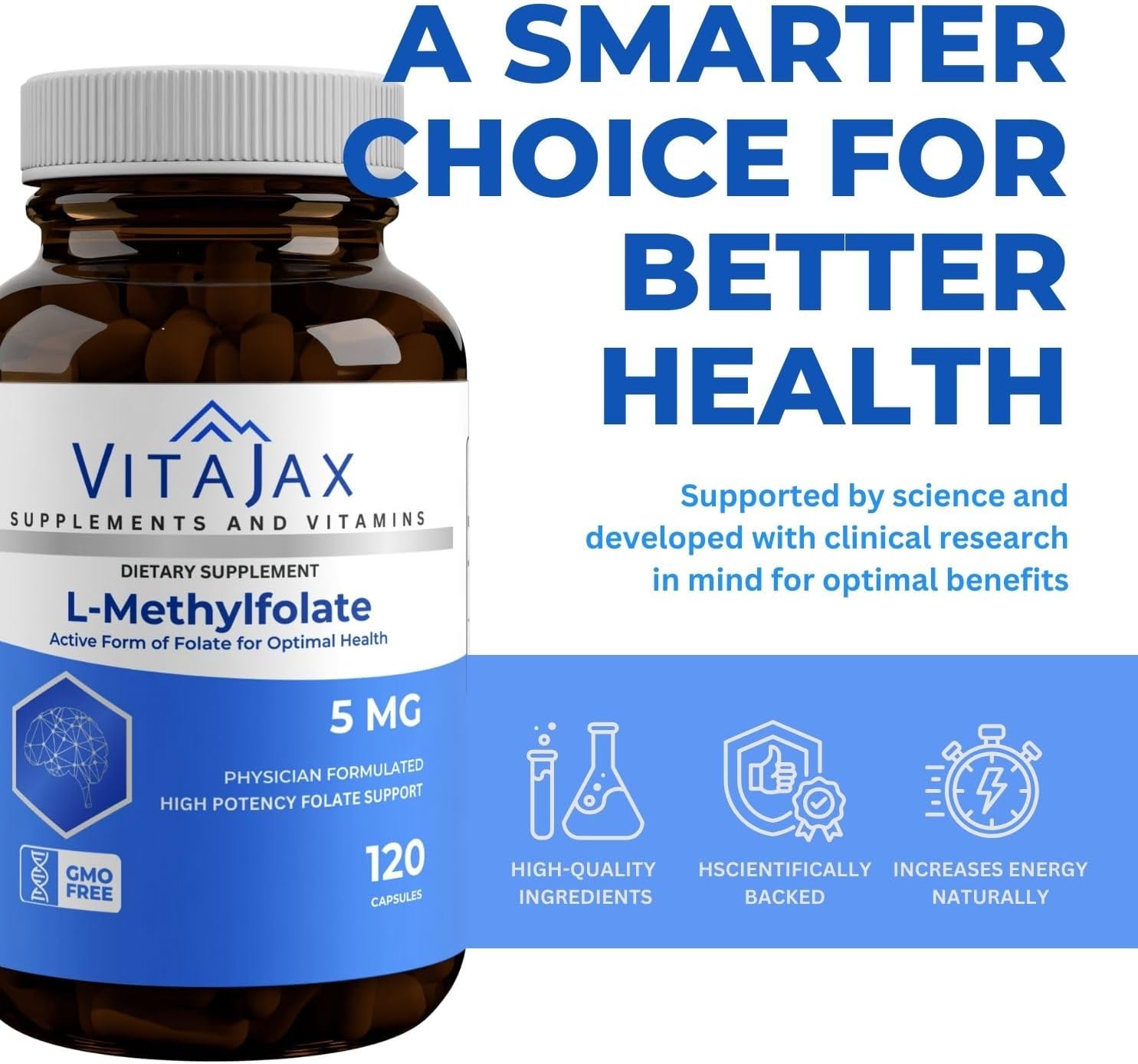 L-Metilfolato 5 mg | 120 Cápsulas | Folato Activo 5-MTHF | Alta Potencia | Sin Gluten | Sin Rellenos | Diseñado por Médicos