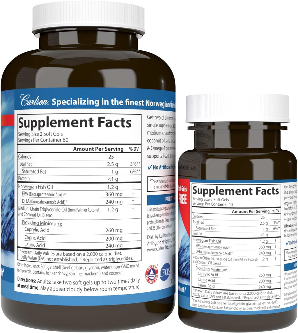 Carlson MCT y Omega-3 con Aceite de Coco Virgen Orgánico, EPA y DHA, 120+30 Cápsulas Blandas