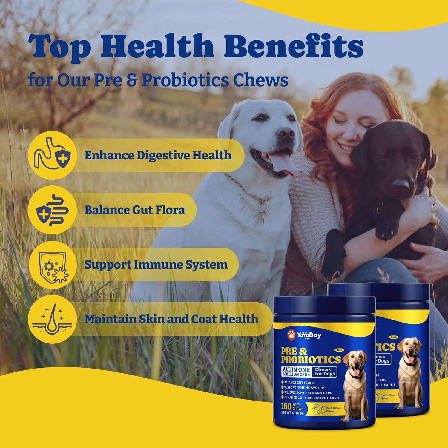 YoYoBay Probióticos para Perros - 6B UFC, Sabor a Pato y Pera - 2 Paquete (360 Chicles)