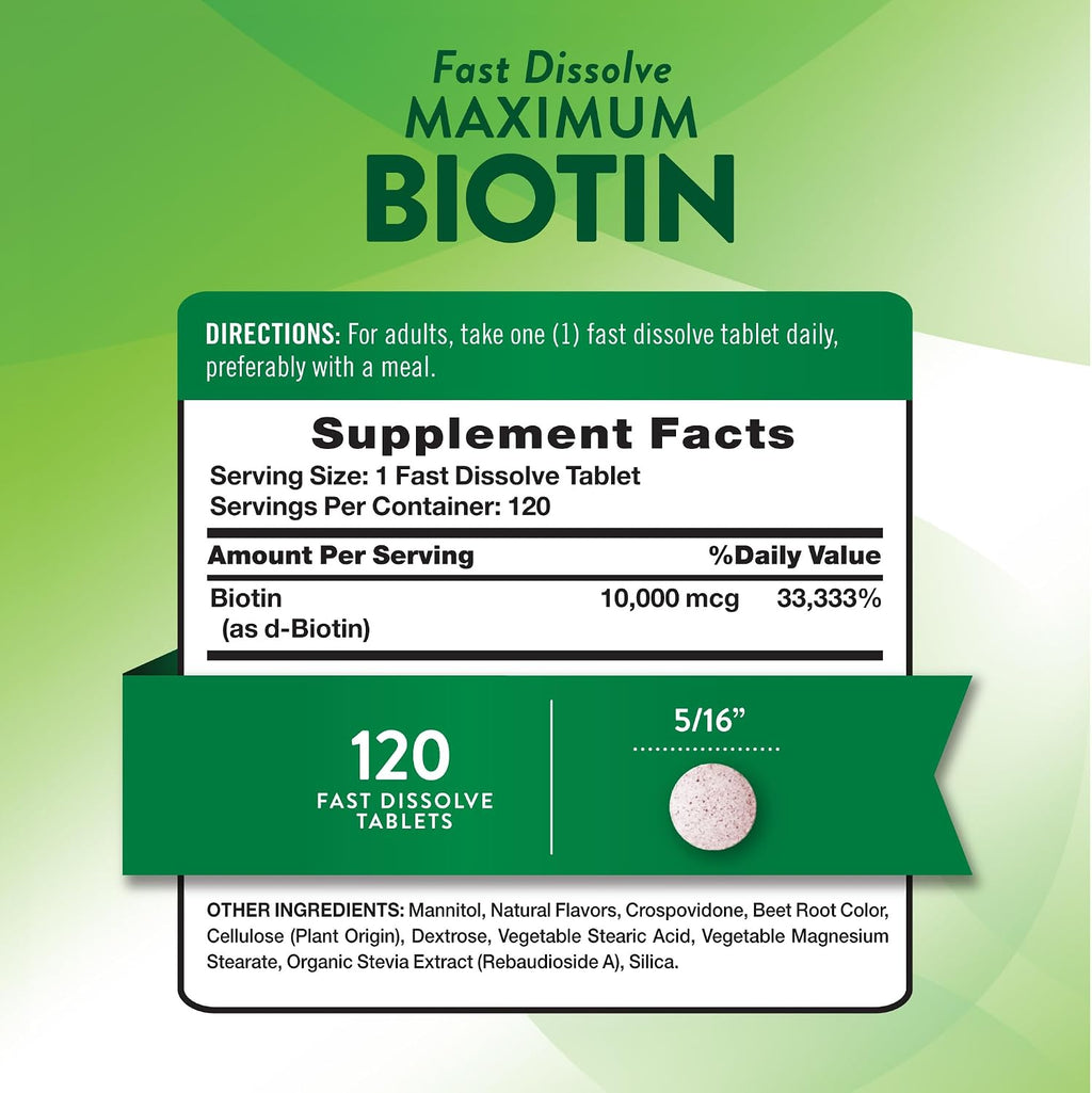 Nature's Truth Biotina 10000 mcg - 120 Comprimidos de Disolución Rápida - Alta Potencia - Vegano, Sin OGM y Sin Gluten