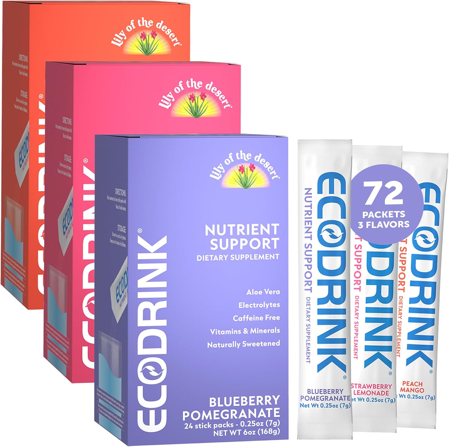 EcoDrink Mezcla de Multivitaminas y Electrolitos con Aloe - 3 Sabores, 24 Sobres