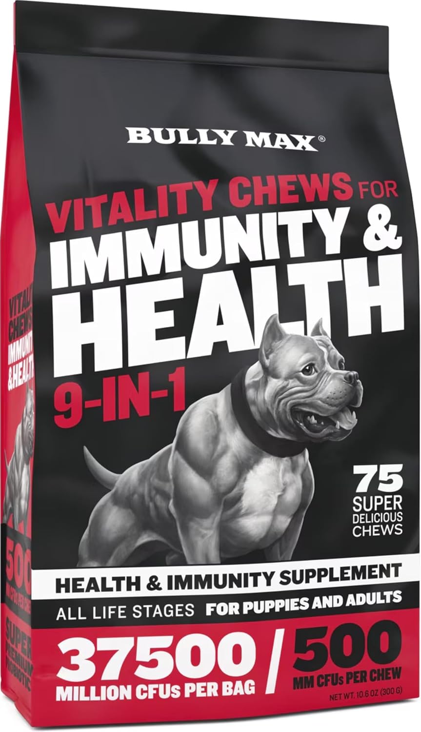 Bully Max Multivitamínico 9-en-1 para Perros, 75 Masticables Blandos - Suplemento con Glucosamina, Probióticos y Omega-3