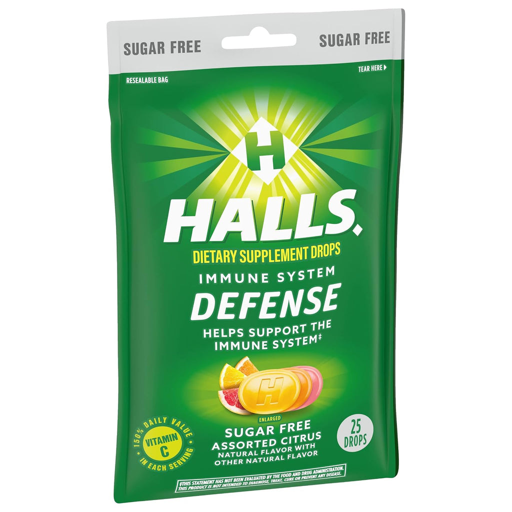 HALLS Defense Vitamin C Drops, Sin Azúcar, Sabor Cítricos, 25 Pastillas