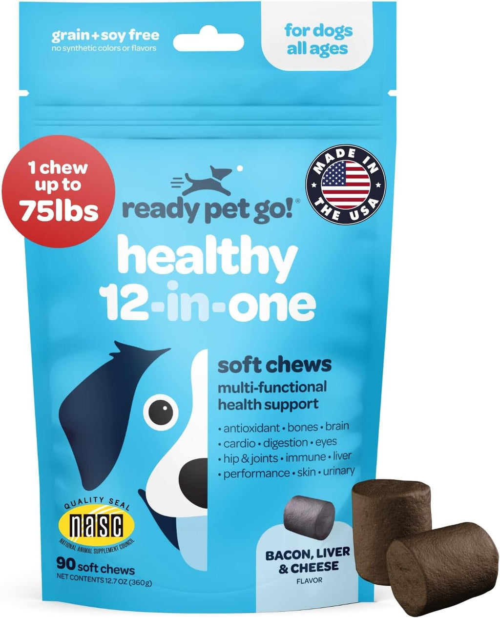 Ready Pet Go! 12-in-1 Multivitamínico Masticable para Perros con Glucosamina, Condroitina y Probióticos - 90 Masticables