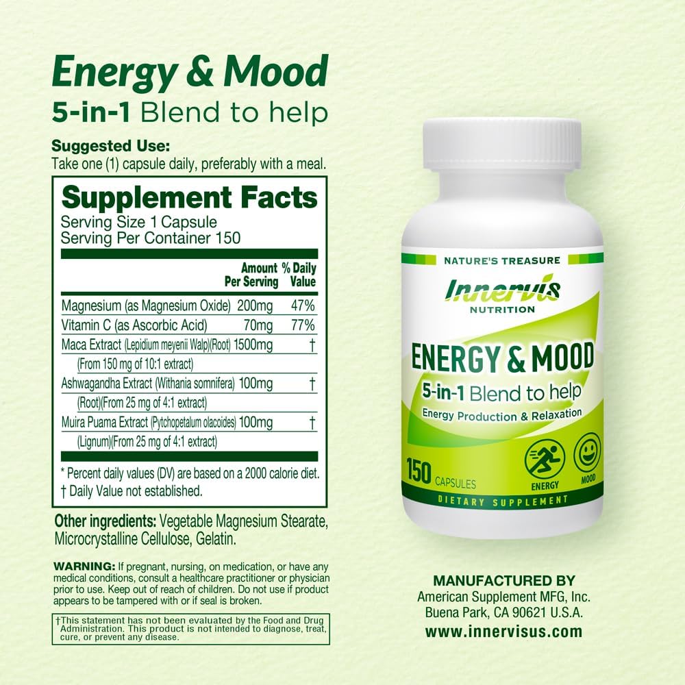 Energy & Mood Supplement – Boost Energy & Reduce Fatigue, Support Relaxation – 150 Capsules – Non-GMO, 3rd Party Tested – – Image 2