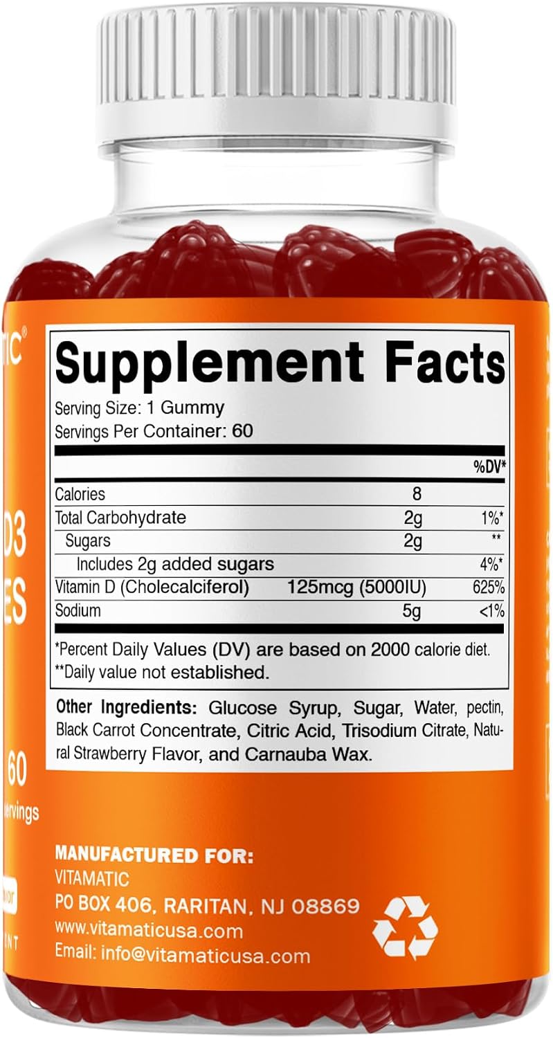 Vitamatic Gominolas de Vitamina D3 (5000 IU) - 60 Gominolas con Sabor Natural a Fresa