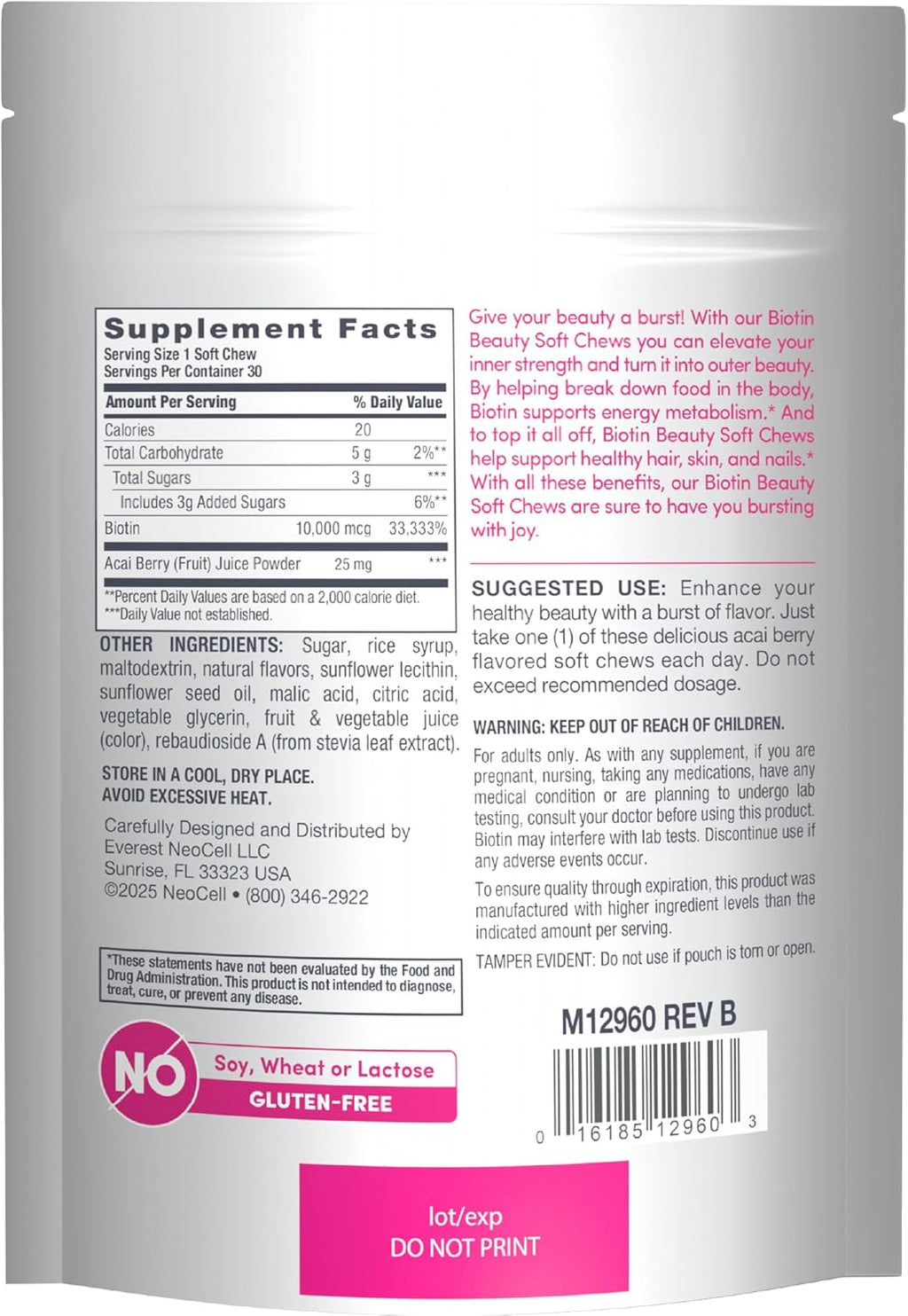 NeoCell Biotin Beauty Soft Chews | 30 Gomitas | 10000mcg | Cabello, Piel y Uñas | Sabor a Acai