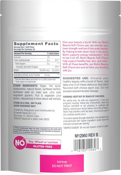 NeoCell Biotin Beauty Soft Chews | 30 Gomitas | 10000mcg | Cabello, Piel y Uñas | Sabor a Acai – Image 2