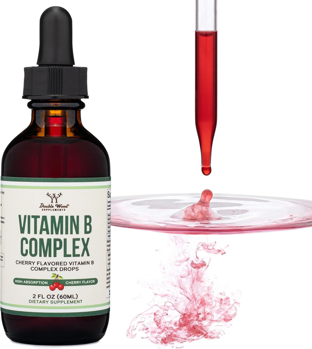 Double Wood Supplements Complejo B Líquido - 2 Meses de Suministro - Máxima Absorción - B3, B6, B7 (Biotina), B9 y Vitamina B12 - Sabor Cereza - 60 ml