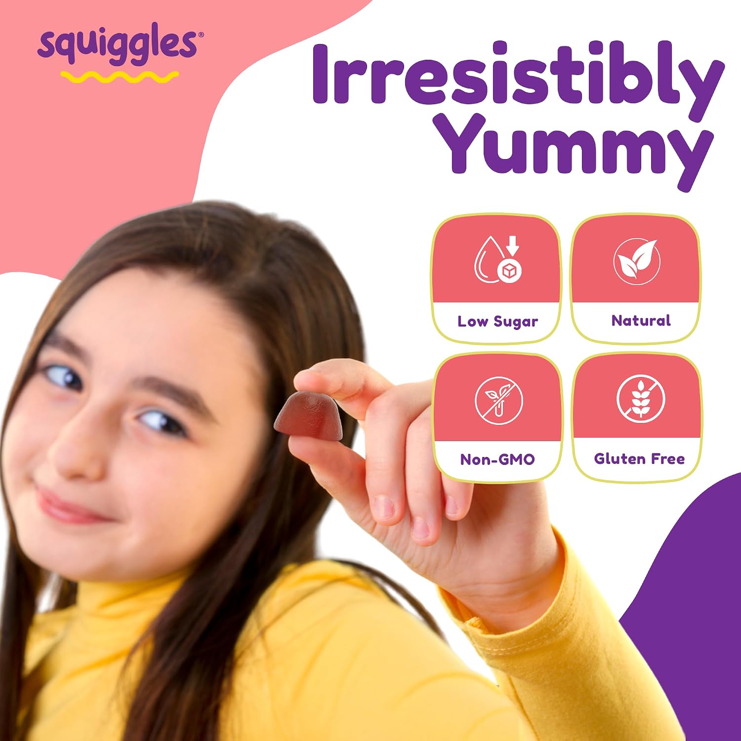 Squiggles Kids Daily Iron+ Gummies - Gomitas masticables con hierro y multivitaminas para niños, bajo en azúcar, veganas, sabor a uva (100 unidades)