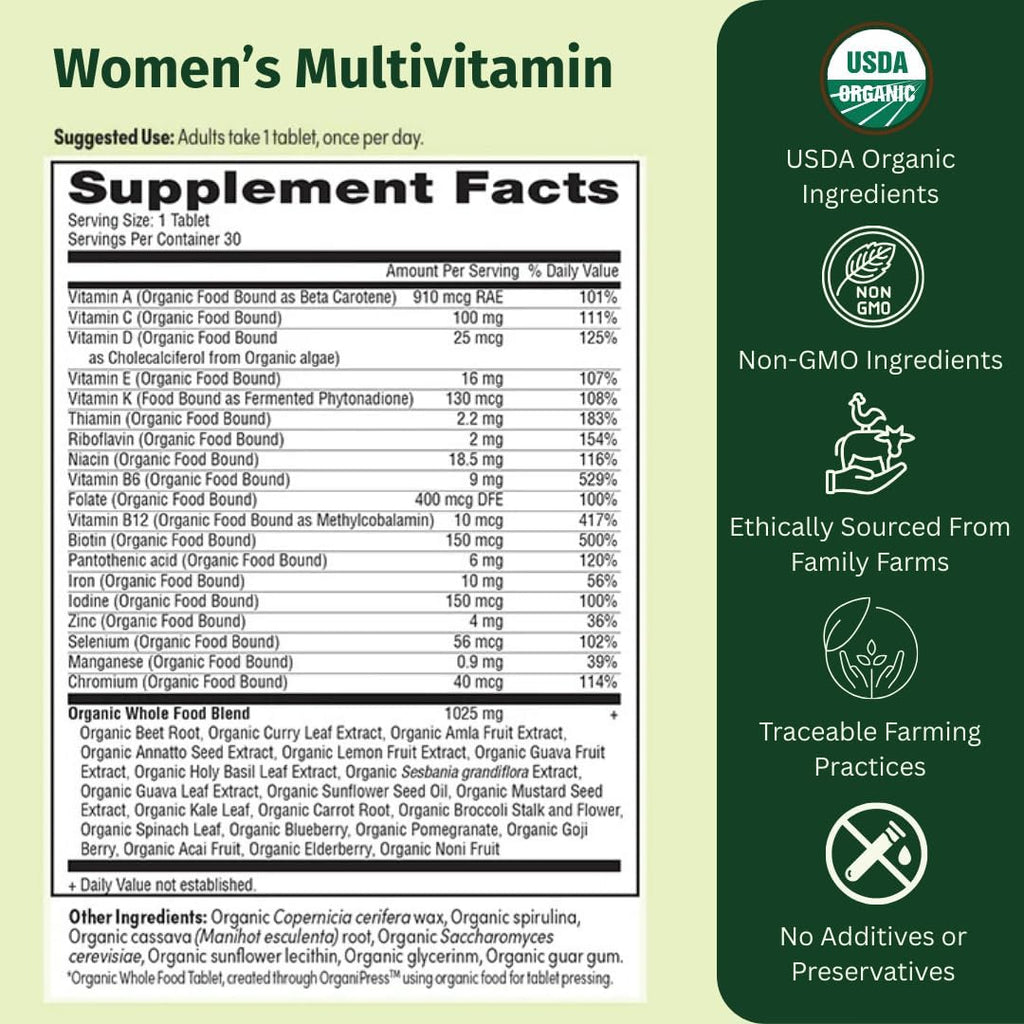 EarthFirst Organic Women’s Multi Once Daily - Multivitamínico para Mujer con Hierro y Vitamina B12 - 60 Comprimidos