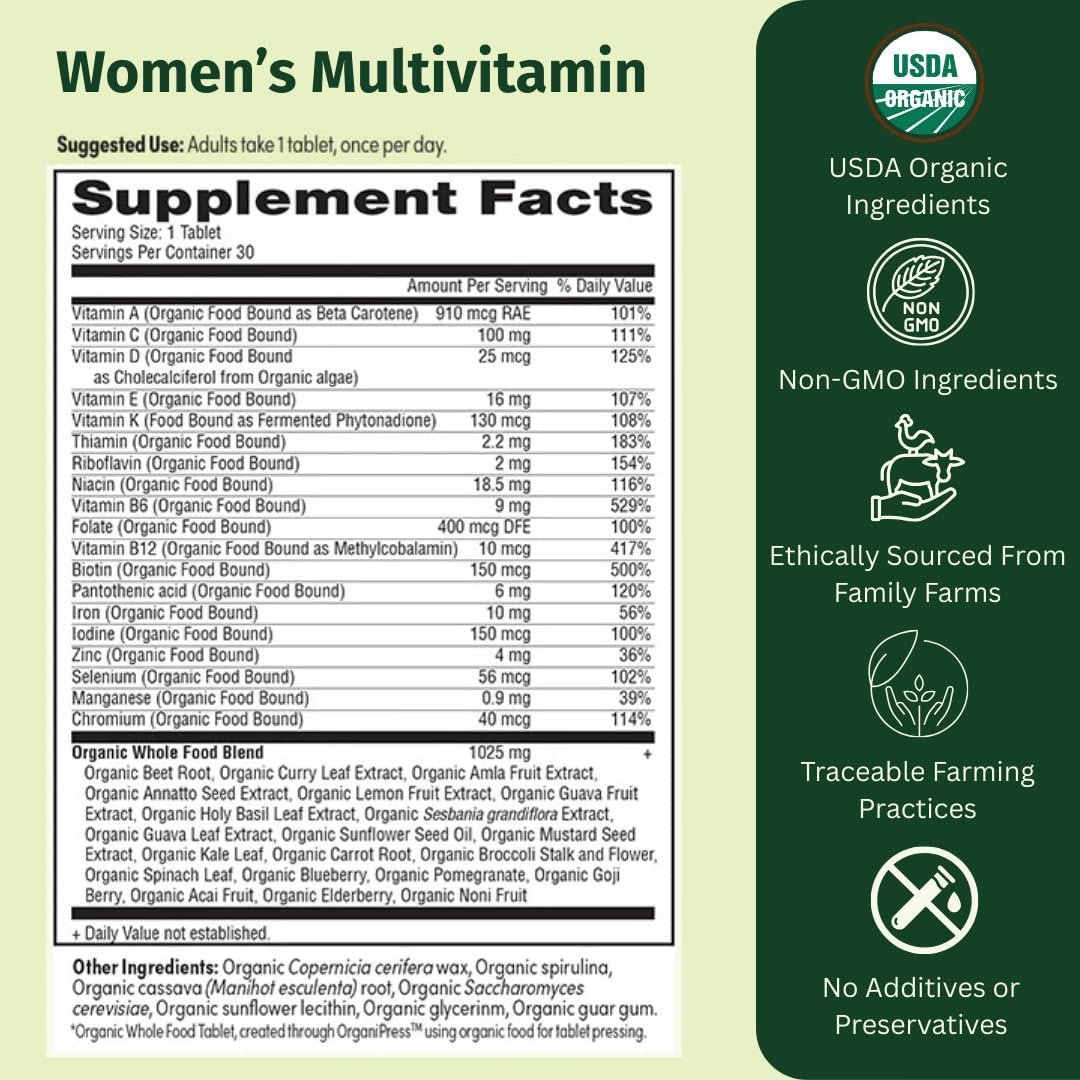 EarthFirst Organic Women’s Multi Once Daily - Multivitamínico para Mujer con Hierro y Vitamina B12 - 60 Comprimidos