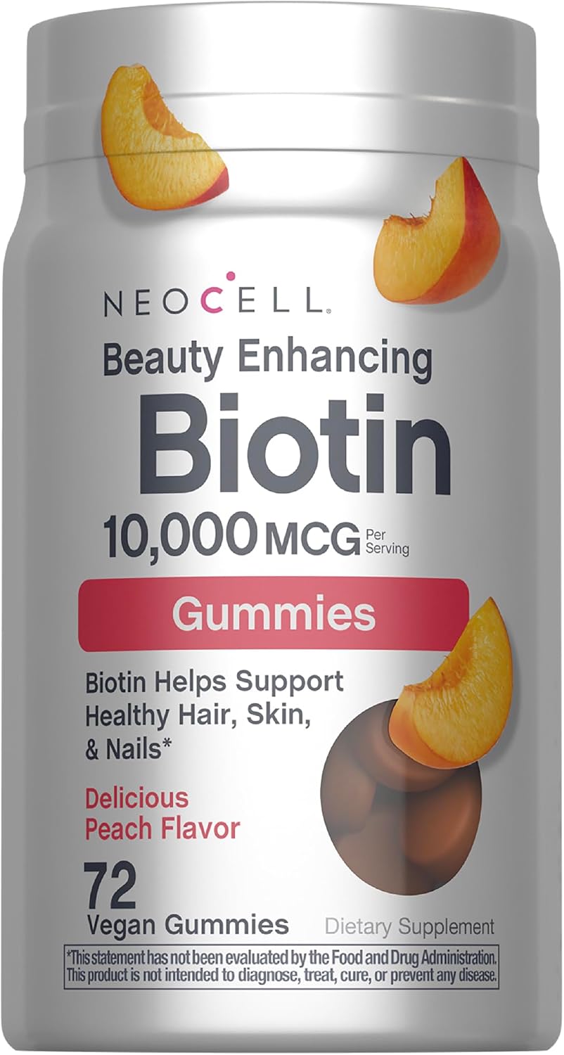 NeoCell Biotina 10000 mcg Gominolas para Cabello, Piel y Uñas, Sabor Melocotón (72 unidades)