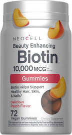 NeoCell Biotina 10000 mcg Gominolas para Cabello, Piel y Uñas, Sabor Melocotón (72 unidades)