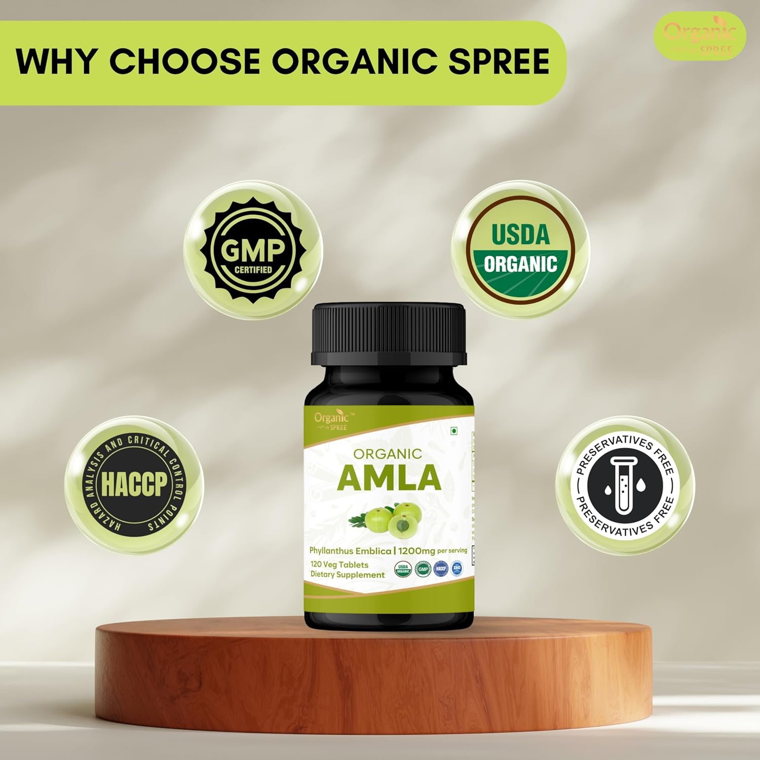 ORGANIC SPREE Tabletas de Amla Orgánico - 1200 mg por dosis - Grosella Espinosa India, Suplemento Rico en Vitamina C, Apoya el Sistema Inmunitario, 120 Tabletas