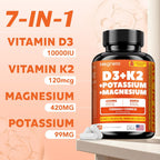 Vitamina D3 K2 (MK-7) 10.000 UI con Magnesio Glicinato y Potasio - Complejo Sistémico para Huesos, Músculos, Corazón e Inmunidad - Alta Absorción, 60 Cápsulas