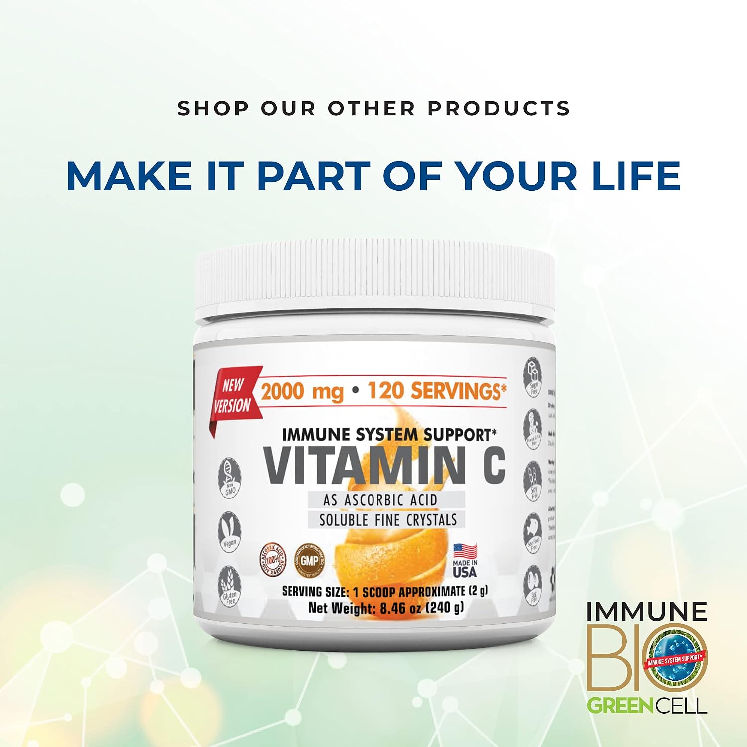 Immune Bio Green Cell - 2 Pack (2 x 240 ml) - Suplemento Líquido con Vitamina C, Carqueja, Romero y Llantén Mayor - No-GMO, Vegano, Sin Gluten
