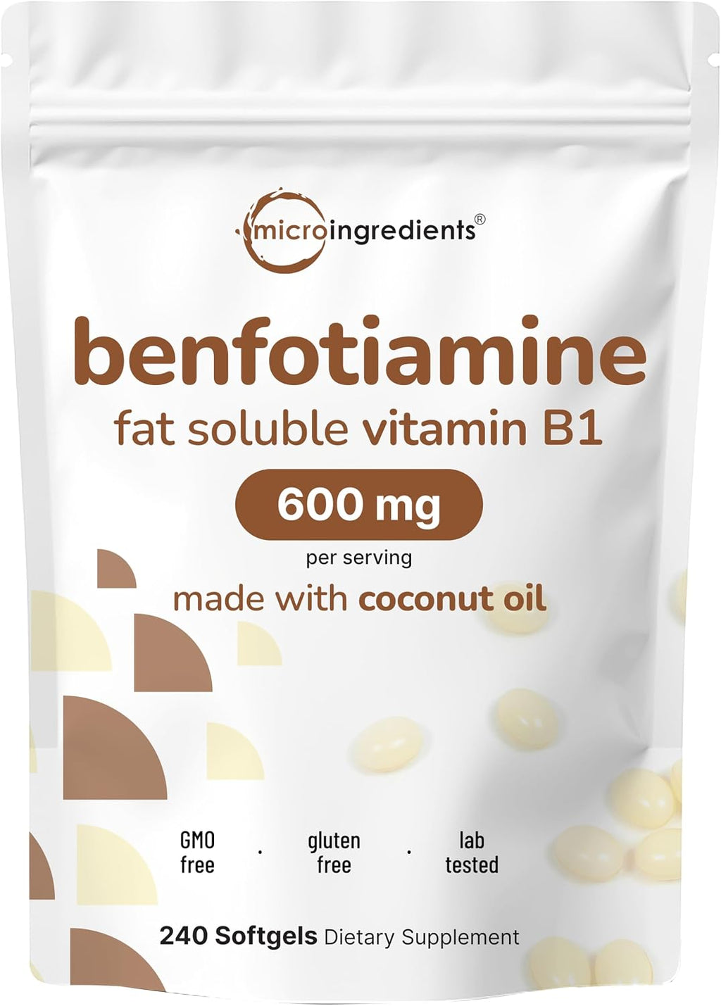 Vitamina B1 Benfotiamina 600mg por dosis, 240 Cápsulas Blandas con Aceite de Coco | Suplemento B1 Bioactivo | No OGM, Sin Soja