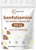 Vitamina B1 Benfotiamina 600mg por dosis, 240 Cápsulas Blandas con Aceite de Coco | Suplemento B1 Bioactivo | No OGM, Sin Soja