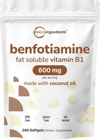 Vitamina B1 Benfotiamina 600mg por dosis, 240 Cápsulas Blandas con Aceite de Coco | Suplemento B1 Bioactivo | No OGM, Sin Soja