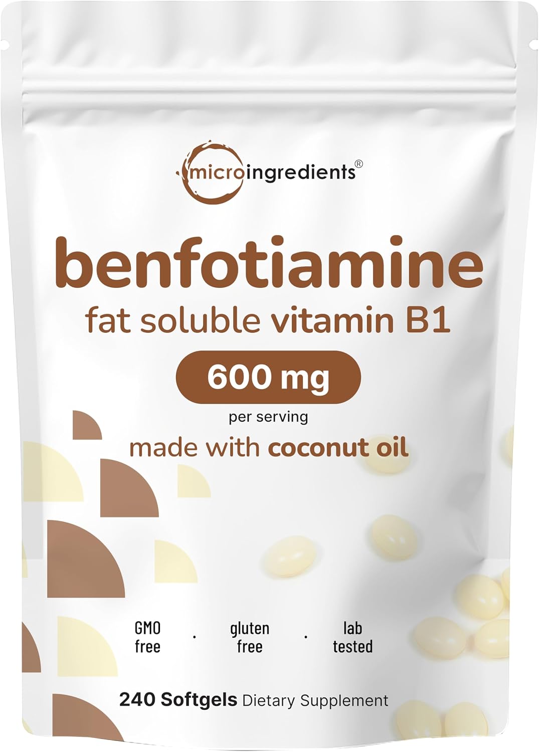 Vitamina B1 Benfotiamina 600mg por dosis, 240 Cápsulas Blandas con Aceite de Coco | Suplemento B1 Bioactivo | No OGM, Sin Soja