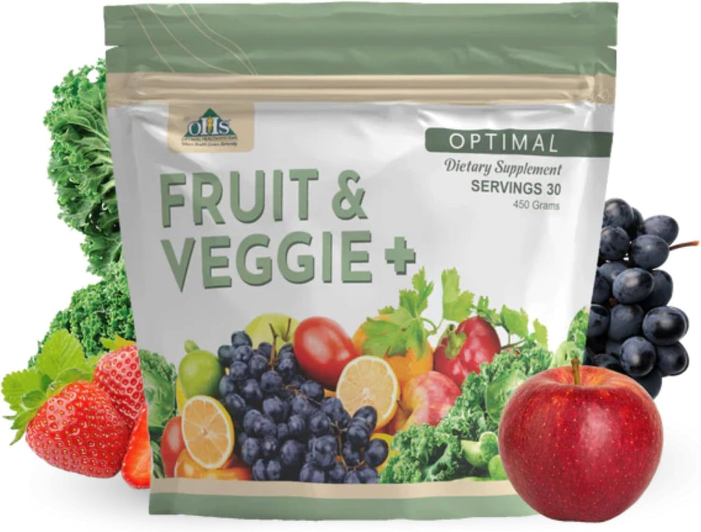 Optimal Health Systems Optimal Fruit & Veggie Plus - Mezcla de bayas, verduras, frutas y cúrcuma | 450 g | 30 raciones