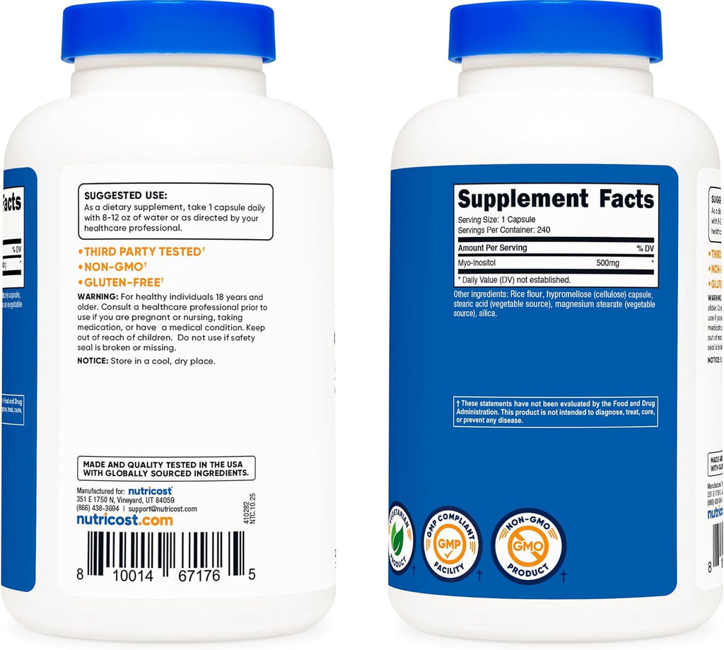 Nutricost Inositol 500mg, 240 Cápsulas Veganas - Myo-Inositol, Sin OMG, Sin Gluten