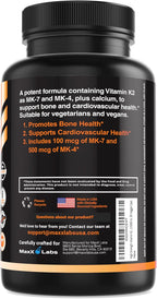 MaxX Labs Vitamina K2 con Vitamina D3 - Complejo K2 MK-7 y MK-4 - 600 mcg - 90 Cápsulas