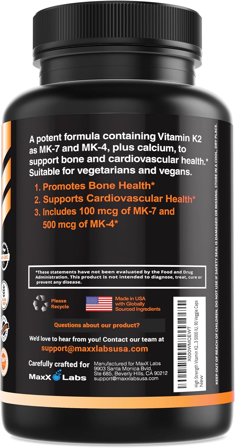 MaxX Labs Vitamina K2 con Vitamina D3 - Complejo K2 MK-7 y MK-4 - 600 mcg - 90 Cápsulas