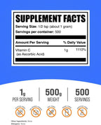 BulkSupplements.com Ácido Ascórbico en Polvo - Suplemento de Vitamina C, Grado Alimenticio, Sin Gluten, 1g por Ración, 500g (1.1 lbs) (Paquete de 1)