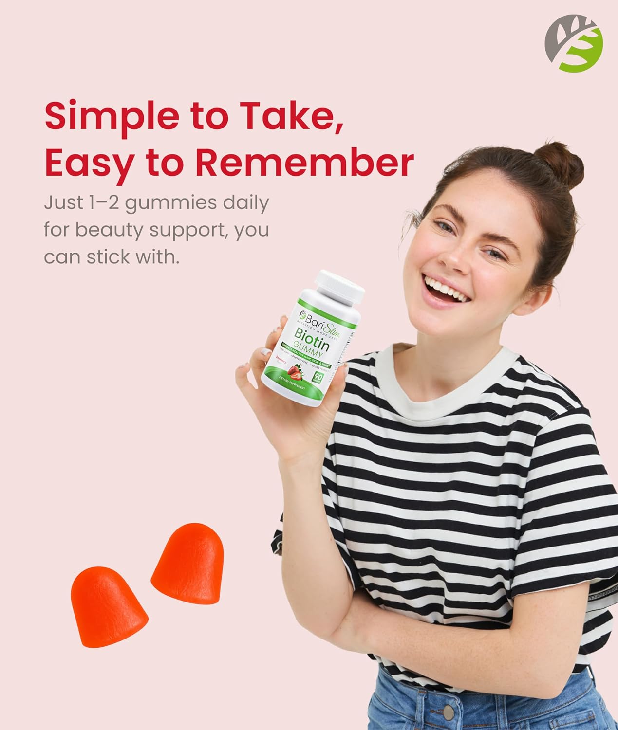 BariSlim Biotina 5000 mcg Gomitas - Suplemento de Biotina para el Cabello, Piel y Uñas - Fácil Digestión - Sabor Fresa Natural - 90 Gomitas