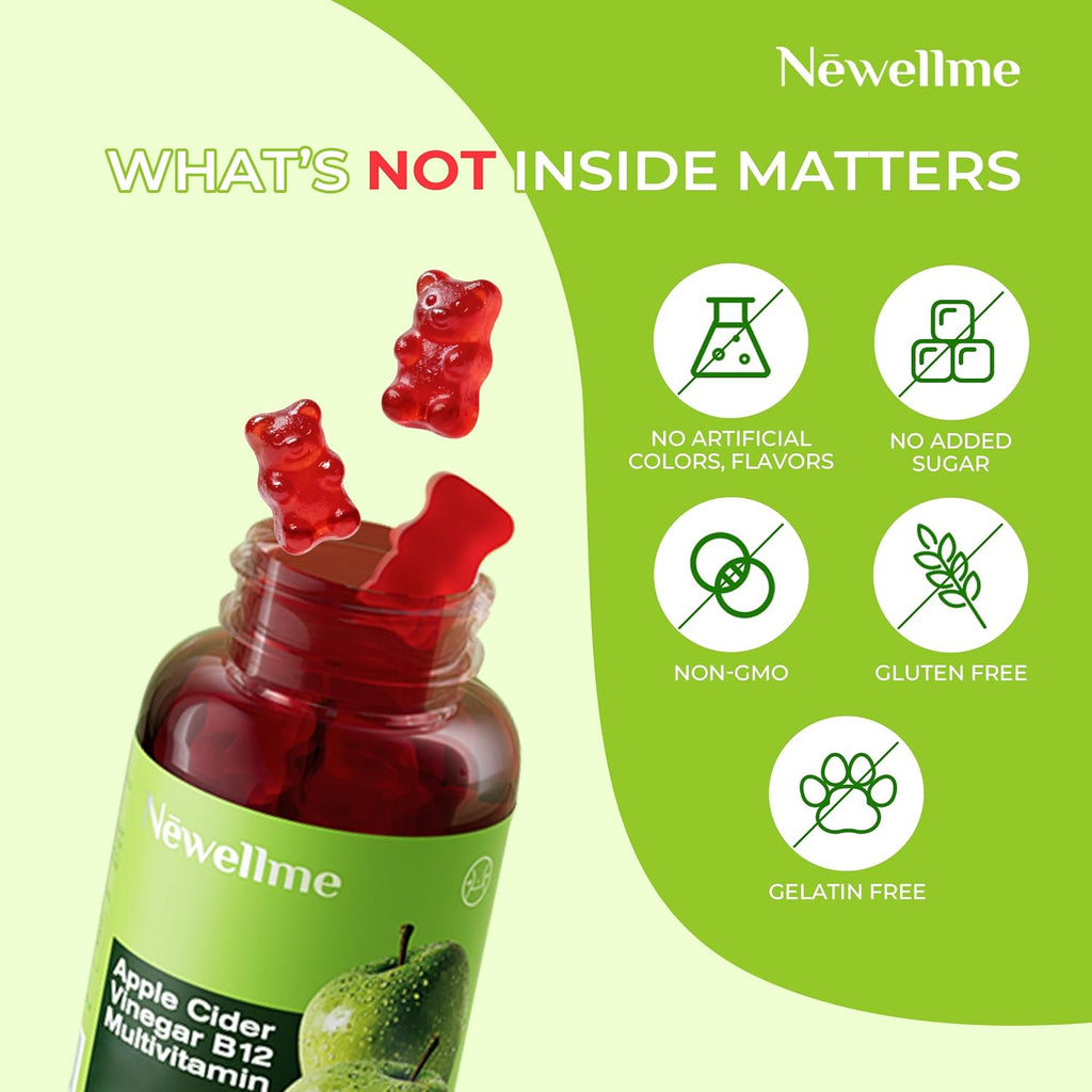 NEWELLME Gomitas de Vinagre de Manzana con The Mother y Vitamina B12 – Sin Azúcar, Veganas, 90 Unidades